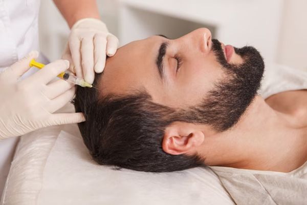 Joven se relaja para recibir un tratamiento de mesoterapia capilar en la zona de las entradas