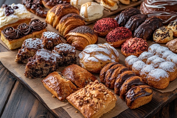 Mejores pastelerías en CDMX - Diversos postres horneados de chocolate, crema y glaseado sobre una mesa de madera