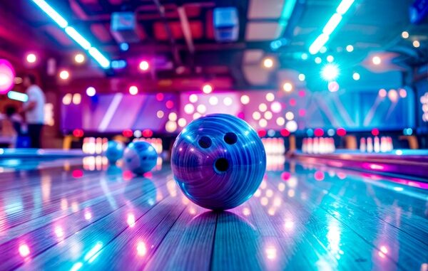 Mejores boliches en CDMX - Pelota de bolos en una pista de boliche con luces de neón