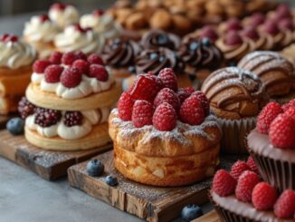 Mejores pastelerías en CDMX - Diversos postres de frutas, crema y chocolate sobre tablas de madera