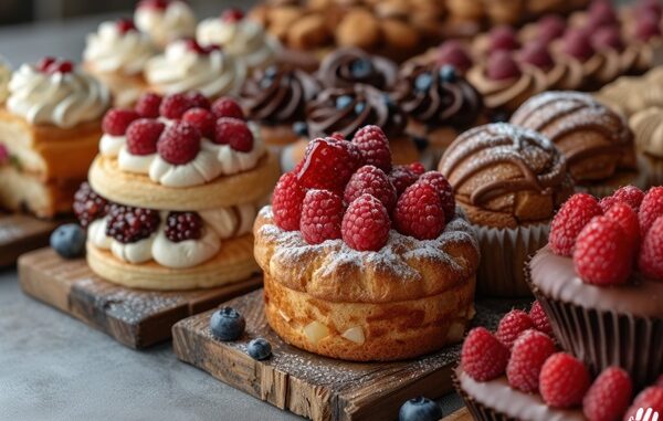 Mejores pastelerías en CDMX - Diversos postres de frutas, crema y chocolate sobre tablas de madera