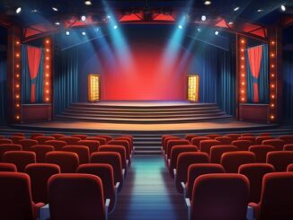 Mejores teatros de CDMX - Vista frontal del escenario de una sala de teatro desde los asientos en color rojo