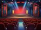 Mejores teatros de CDMX - Vista frontal del escenario de una sala de teatro desde los asientos en color rojo