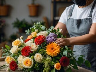 Mejores floristerías en CDMX - Florista arma un ramo de flores de varios colores sobre una mesa de madera