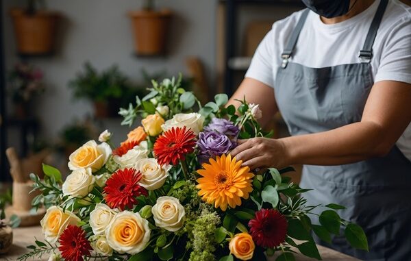 Mejores floristerías en CDMX - Florista arma un ramo de flores de varios colores sobre una mesa de madera