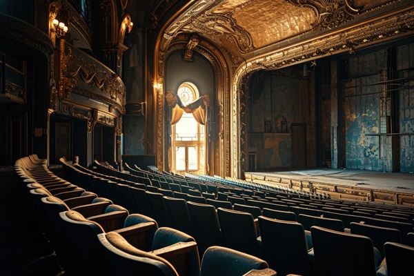Mejores teatros de CDMX - Vista lateral del escenario de una sala de teatro con un diseño arquitectónico clásico