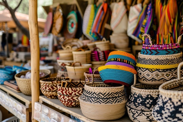 Mejores lugares para comprar artesanía en CDMX - Diversas cestas de colores hechas a mano sobre una estantería de madera