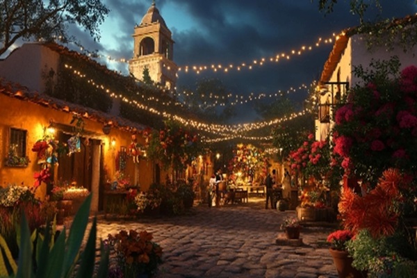 Pueblo antiguo decorado con luces navideñas y muchas flores de colores