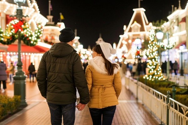 Hombre y mujer caminando agarrados de la mano por una colonia decorada con árboles y luces de navidad