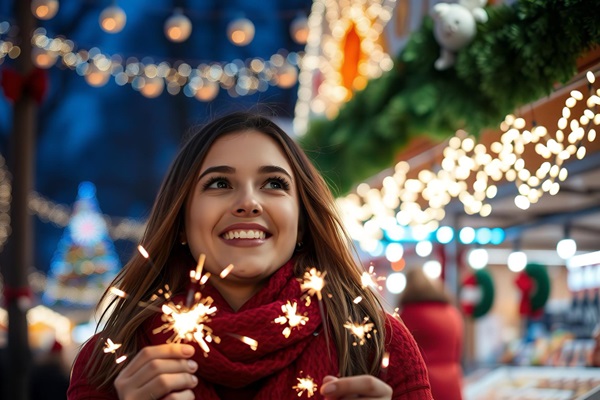 Navidad en CDMX - Mujer feliz sosteniendo en sus manos fuegos artificiales de chispas mientras pasea en una feria de navidad en CDMX