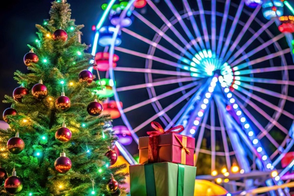 Parque de atracciones con una rueda giratoria decorado con árboles navideños