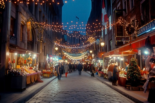 Mercado navideño decorado con luces y arbolitos lleno de muchas tiendas de artesanías y regalos