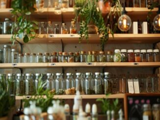Tiendas naturistas CDMX - Estante de una tienda naturista con envases de productos orgánicos saludables
