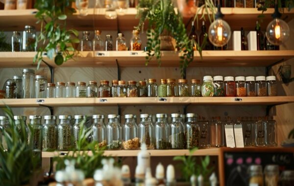 Tiendas naturistas CDMX - Estante de una tienda naturista con envases de productos orgánicos saludables