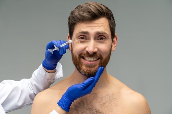 Dermatólogos en CDMX - Doctor aplica inyecciones de ácido hialurónico para rellenar arrugas y líneas de expresión en el rostro de un hombre 