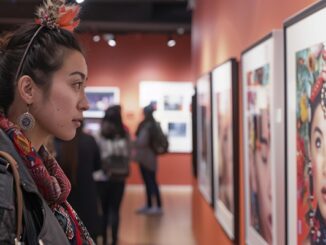 Mejores galerías de arte - Mujer observando una pintura artística hecha a mano en una galería de arte de CDMX