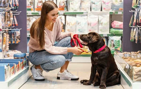 Tiendas de juguetes para perros - Mujer joven probando un collar para perros a su mascota en una tienda de Ciudad de México
