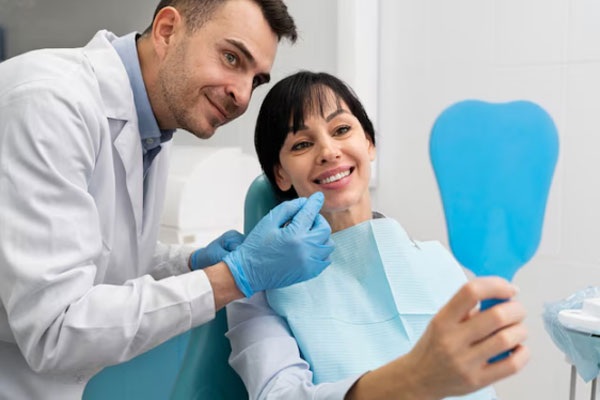 Dentista acompaña a una paciente a ver los cambios obtenidos en su nueva sonrisa
