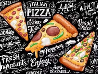 Pizzerías - Pizarra ilustrada con palabras y expresiones que caracterizan a la pizza como plato diverso en las mejores pizzerías de CDMX