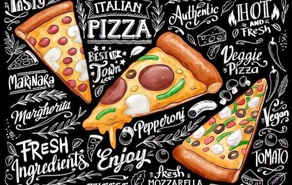 Pizzerías - Pizarra ilustrada con palabras y expresiones que caracterizan a la pizza como plato diverso en las mejores pizzerías de CDMX