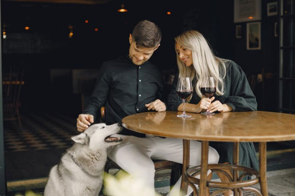 Restaurantes Pet Friendly de CDMX - Hombre en pareja acaricia a su perro mientras toma una copa de vino en una cafetería 