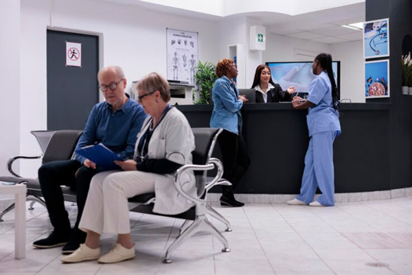 Médico, enfermeras y pacientes conversan entre la recepción y la sala de espera de un hospital privado