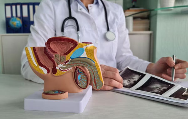 Doctor con ecografía en mano explica el funcionamiento del aparato urinario y del sistema reproductivo masculino