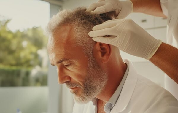 Clínicas capilares método FUE - Tricólogo evaluando el cuero cabelludo de un hombre con alopecia para realizar un injerto de cabello CDMX