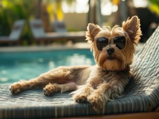 Hoteles para perros - Perro con lentes relajado en una silla en la piscina de uno de los mejores hoteles para perros en CDMX