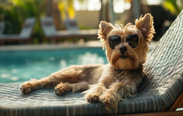 Hoteles para perros - Perro con lentes relajado en una silla en la piscina de uno de los mejores hoteles para perros en CDMX