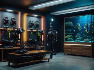 Tiendas de buceo - Armarios con trajes de buceo y tanques de oxígeno en una de las mejores tiendas de buceo en CDMX