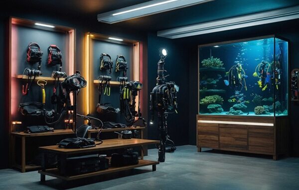 Tiendas de buceo - Armarios con trajes de buceo y tanques de oxígeno en una de las mejores tiendas de buceo en CDMX