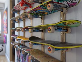 Tiendas de skate - Estante de exhibición de patinetas con diferentes diseños en una de las mejores tiendas de skate en CDMX