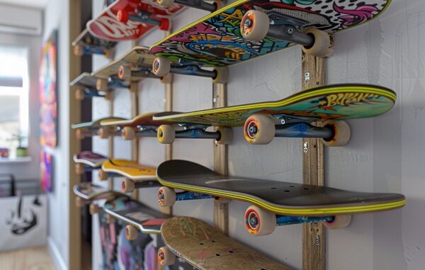 Tiendas de skate - Estante de exhibición de patinetas con diferentes diseños en una de las mejores tiendas de skate en CDMX