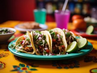 Los mejores restaurantes de comida tradicional en CDMX - Plato de tacos decorado con cilantro, cebolla picada y tomates, acompañado de rodajas de lima. Está sobre una mesa con un diseño floral colorido.