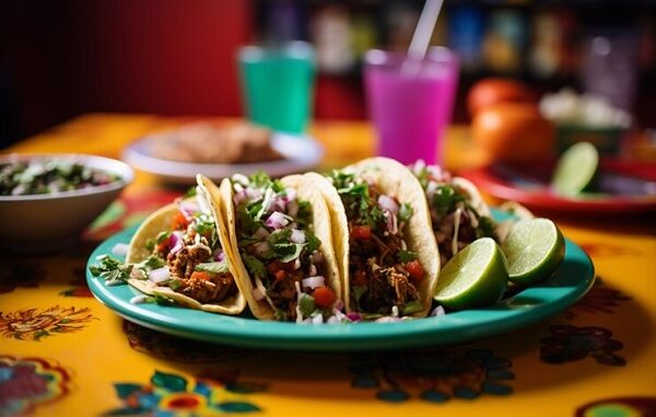 Los mejores restaurantes de comida tradicional en CDMX - Plato de tacos decorado con cilantro, cebolla picada y tomates, acompañado de rodajas de lima. Está sobre una mesa con un diseño floral colorido.