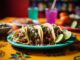 Los mejores restaurantes de comida tradicional en CDMX - Plato de tacos decorado con cilantro, cebolla picada y tomates, acompañado de rodajas de lima. Está sobre una mesa con un diseño floral colorido.