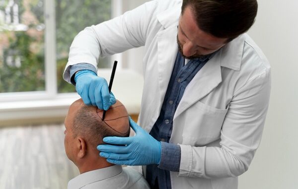 Doctores de injerto de cabello en CDMX - Mejor cirujano capilar CDMX realizando el boceto del injerto cabello CDMX a un hombre con alopecia avanzada