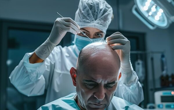 Mejores cirujanos capilares CDMX - Médico tricólogo realizando un injerto de cabello CDMX a un hombre con alopecia avanzada