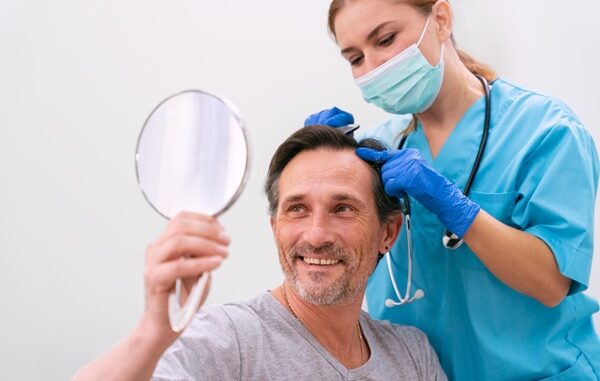 Trasplante capilar precio - Tricólogo evaluando el cuero cabelludo de un hombre para realizar un injerto cabello CDMX en una de las mejores clínicas con financiamiento