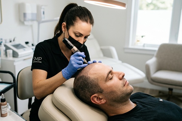 Hombre realizándose un tratamiento de micropigmentación capilar para simular el avance de la alopecia