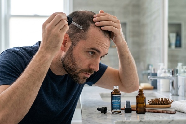 Soluciones a la calvicie - Hombre aplicándose minoxidil en el cabello para detener la alopecia
