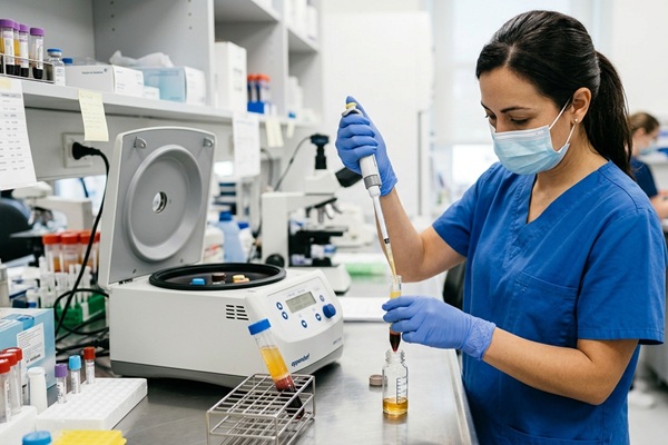 Soluciones a la calvicie - Especialista centrifugando una muestra de sangre para extraer el plasma rico en plaquetas que ayuda a frenar la alopecia