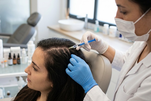 Soluciones a la calvicie - Mujer recibiendo un tratamiento de mesoterapia capilar para estimular el crecimiento del cabello