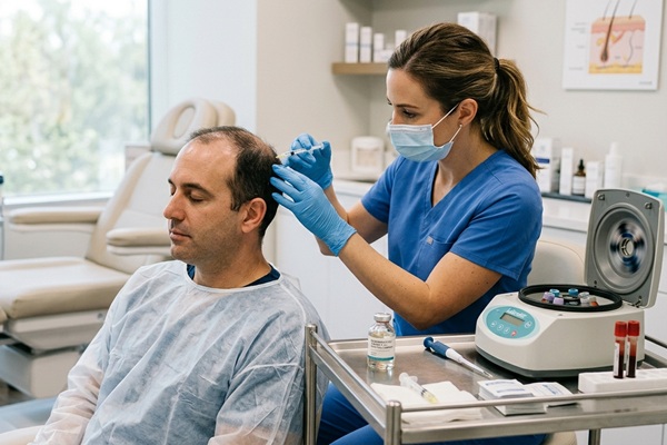 Médico capilar realizando una terapia con células madre para frenar la alopecia de un hombre
