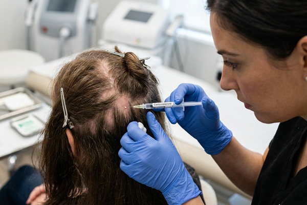 Tricóloga aplicando inyecciones intralesionales de corticosteroides en el cuero cabelludo de un paciente para estimular el crecimiento del cabello