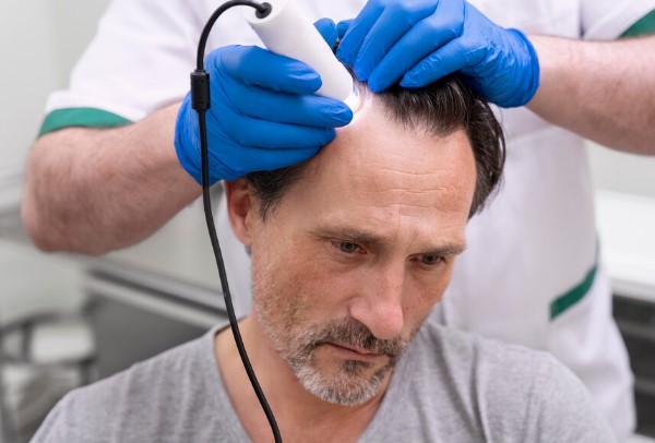 hombre con alopecia se aplica láser de baja intensidad