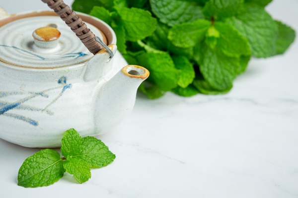 Recipiente con té de menta o hierbabuena que posee propiedades curativas para problemas gástricos