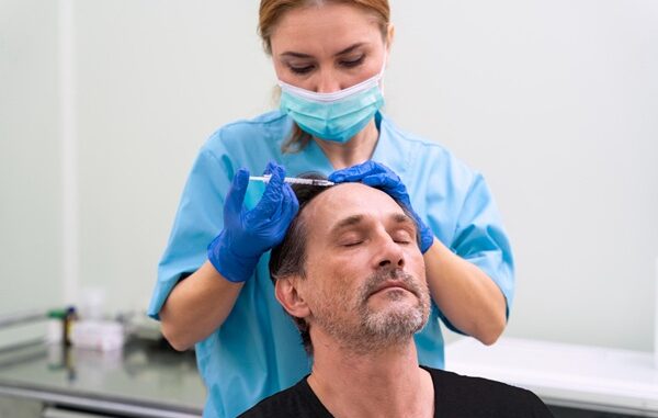 Tratamiento PRP - Médico tricólogo realizando un tratamiento plasma rico en plaquetas a un hombre para fortalecer el injerto de cabello CDMX