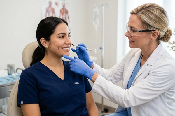 Especialista en medicina estética realizando el diseño de la bichectomía a una mujer para perfilar el rostro